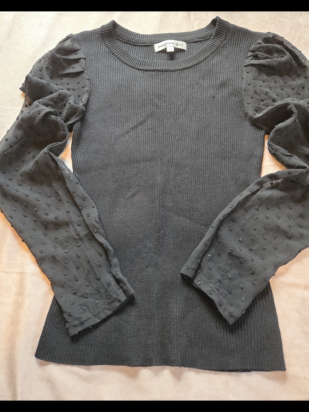Madden Girl Black Top Women's Pattern Sheer Sleeves Sz L Dress Shirt